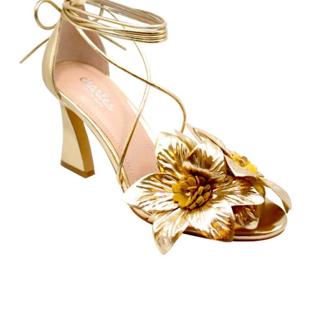 Kristine light gold-metallic 9 1/2M floral lace up 3 1/2” heels by Charles David